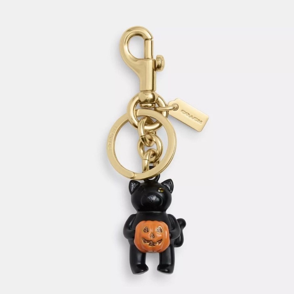 Coach Halloween Black Cat Bag Charm Keychain with Gold Accents